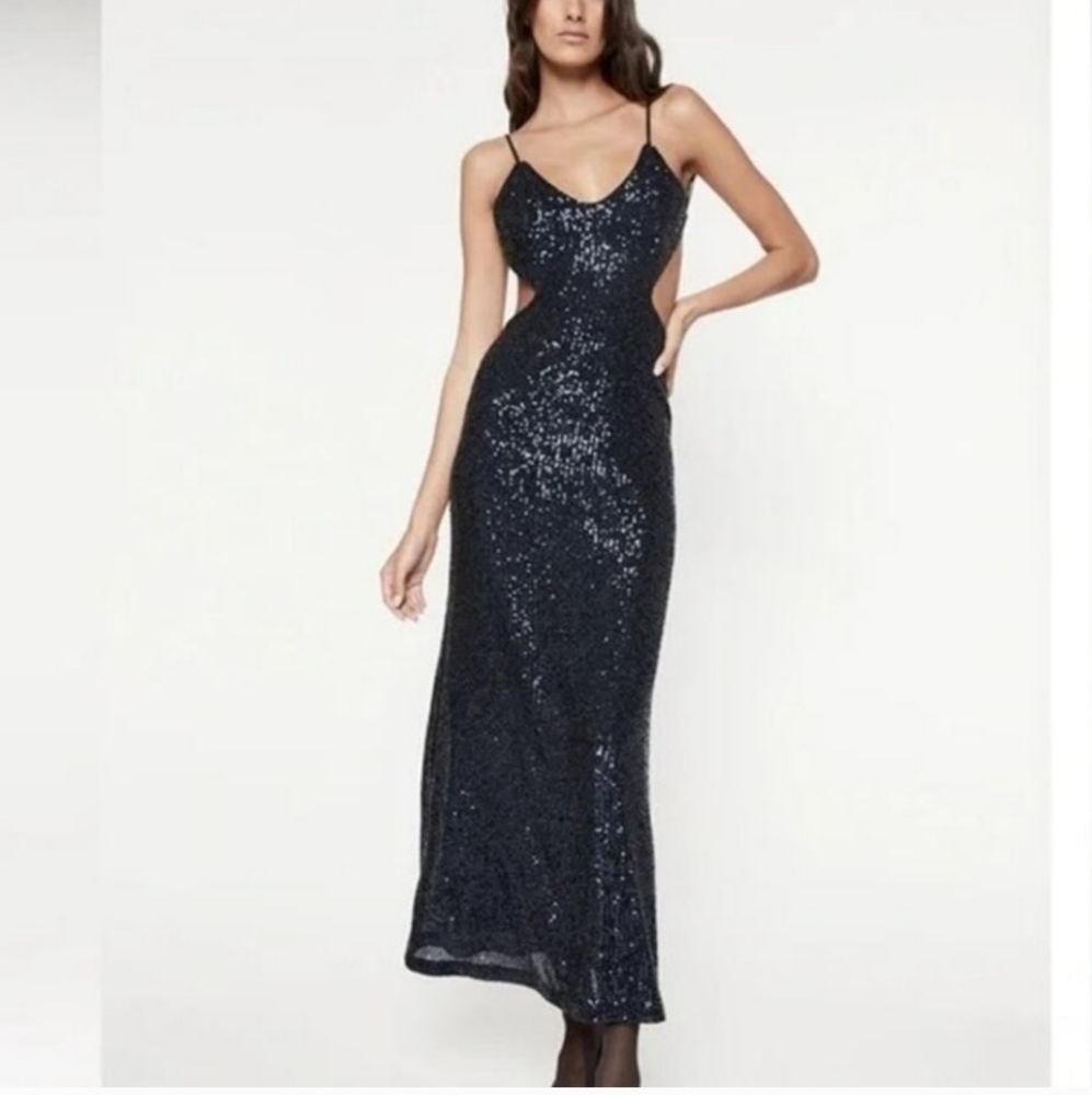 New Bardot Navy Sequin Open Back Dress Size Medium